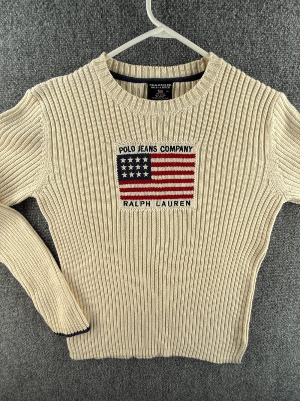 Ralph Lauren Polo Jeans Women Flag Sweater XL Ivory Cotton USA Logo RLPJC Knit